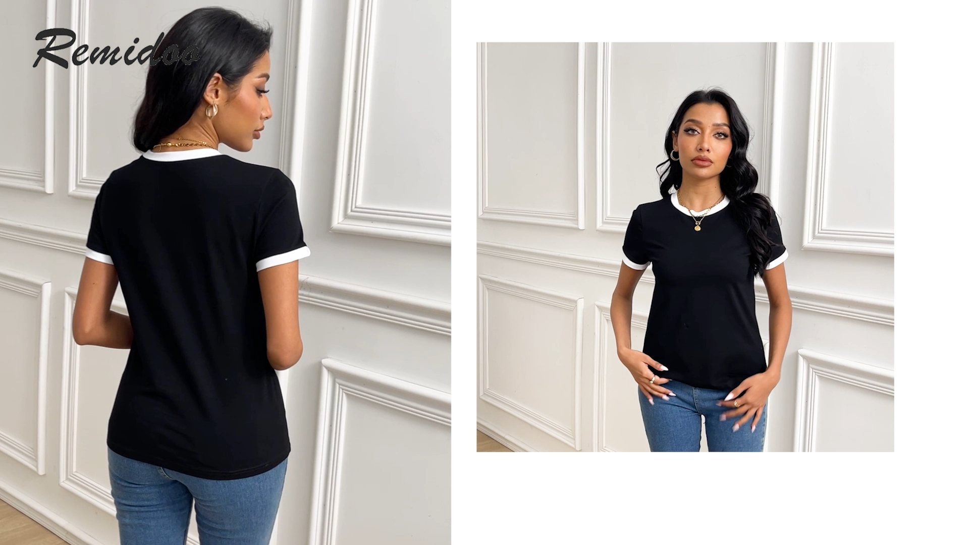 Remidoo Ringer Tee Women Short Sleeve Shirts Color Block Tops